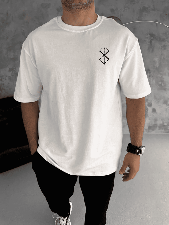 Erkek Kısa Kol Yazlık Tişört Bisiklet Yaka Baskılı Oversize T-Shirt - Beyaz