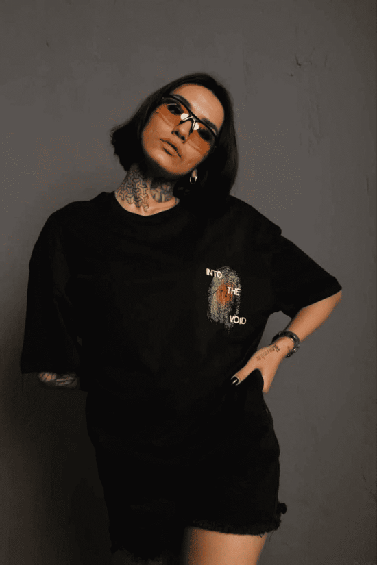 kadın Bisiklet Yaka Baskılı Oversize Kısa kol T-Shirt - Siyah