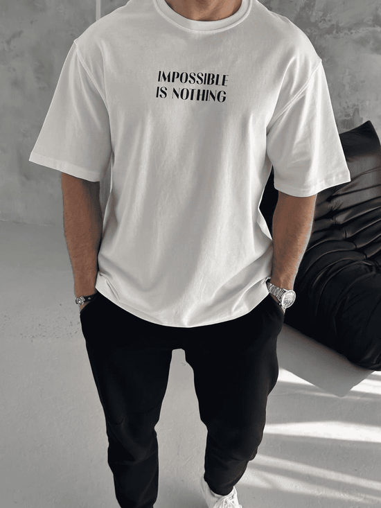 ERKEK Tişört Bisiklet Yaka Baskılı Oversize Kısa kol T-Shirt - Beyaz