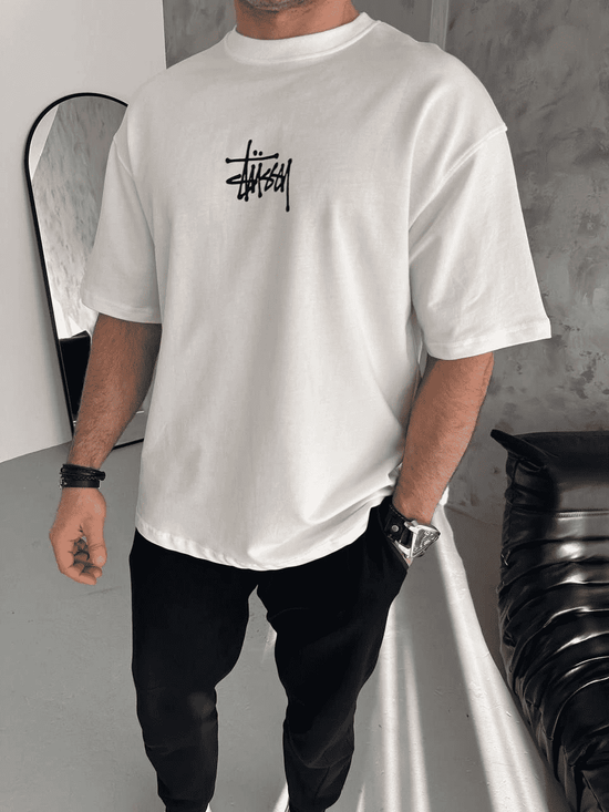 Erkek Tişört Bisiklet Yaka Baskılı Oversize Kısa kol T-Shirt - Beyaz