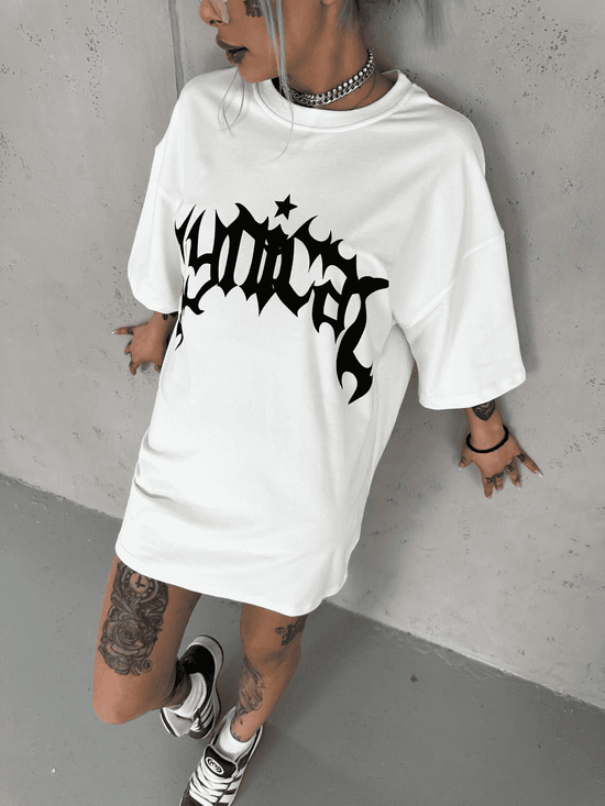 kadın Bisiklet Yaka Baskılı Oversize  Kısa kol T-Shirt - Beyaz