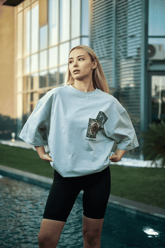 kadın Bisiklet Yaka Baskılı Kısa kol Oversize T-Shirt - Boyalı Gri