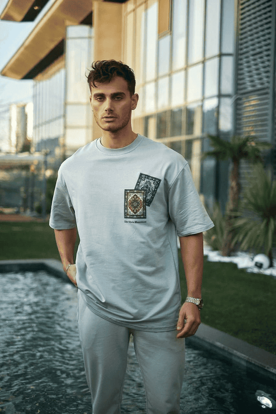 Erkek Kısa Kol Yazlık Tişört Bisiklet Yaka Baskılı Oversize T-Shirt - Boyalı Gri