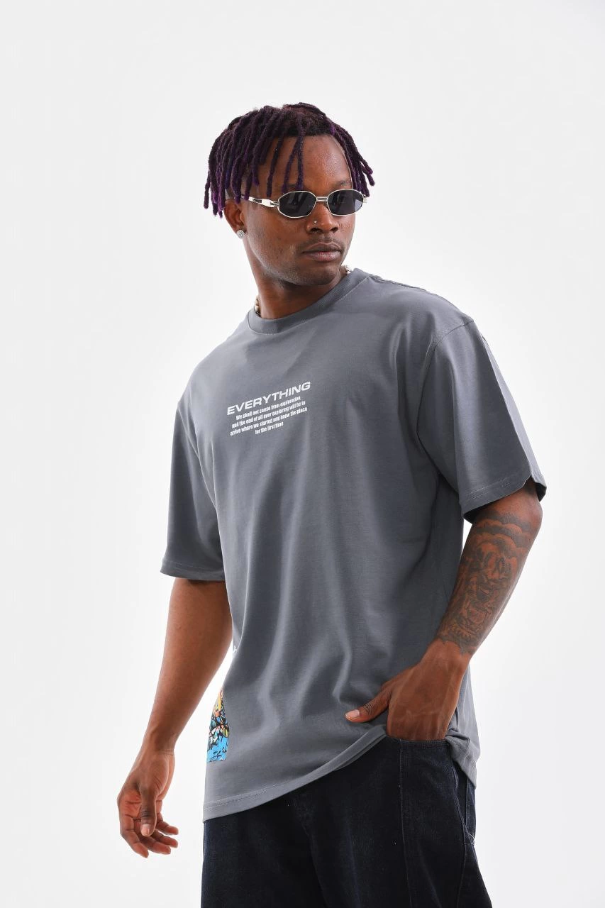 Erkek Tişort  Bisiklet Yaka Baskılı Oversize T-Shirt - Gri