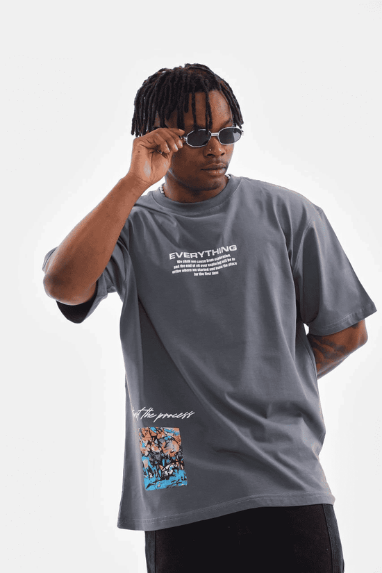 Erkek Tişort  Bisiklet Yaka Baskılı Oversize T-Shirt - Gri