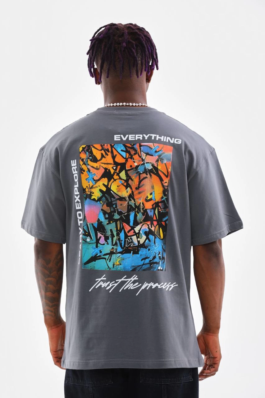Erkek Tişort  Bisiklet Yaka Baskılı Oversize T-Shirt - Gri