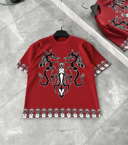 Erkek  Kısa kol Bisiklet Yaka Baskılı Oversize T-Shirt - Kırmızı