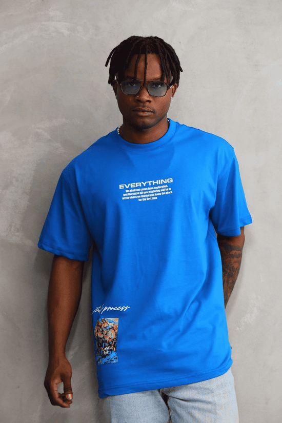 Erkek Bisiklet Yaka Baskılı Oversize T-Shirt - Mavi