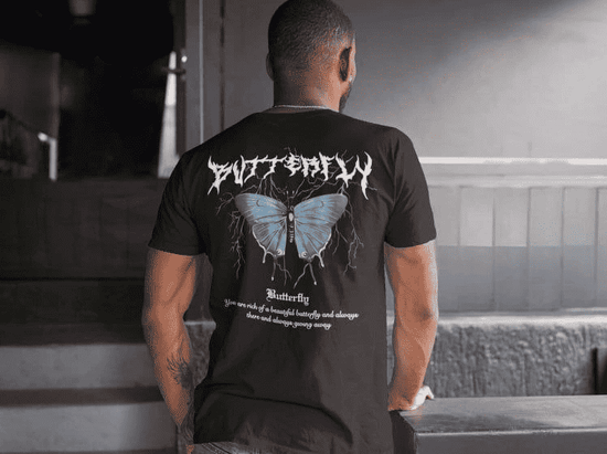 Erkek Tişort  Bisiklet Yaka Kelebek Baskılı Kısa kol T-Shirt - Siyah