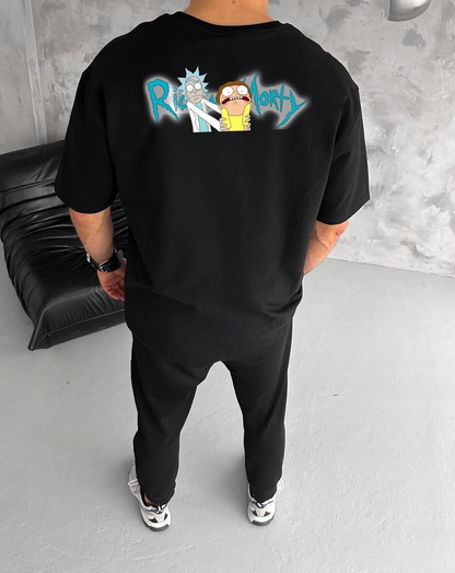Erkek Kısa Kol Tişört Bisiklet Yaka RİCK AND MORTY Baskılı T-Shirt - Siyah