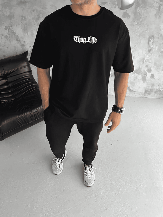 Erkek Kısa Kol Yazlık Tişört Bisiklet Yaka Baskılı Oversize T-Shirt - Siyah