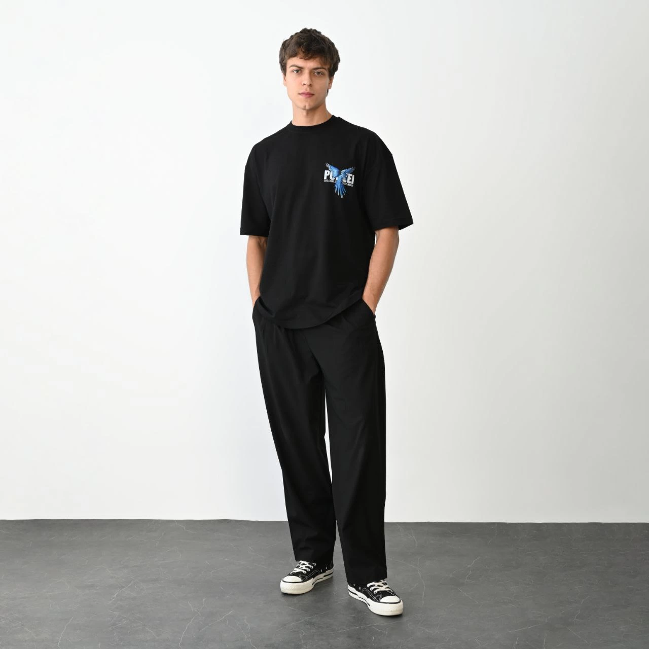 Erkek Baskılı T-Shirt Kısa Kol Bisiklet Yaka Regular Fit Rahat Kalıp Günlük Tişört - Siyah