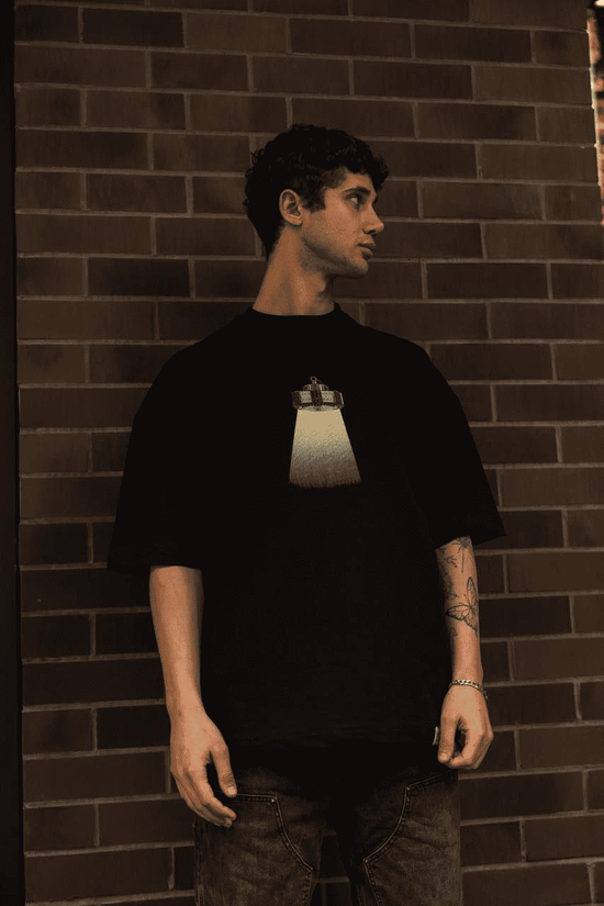 Erkek Kısa Kol Yazlık Tişört Bisiklet Yaka Baskılı Oversize T-Shirt - Siyah