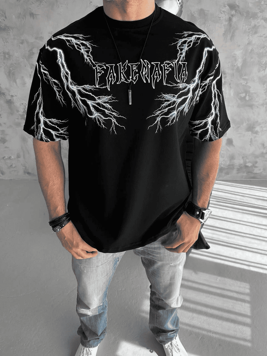 ERKEK Bisiklet Yaka Yıldırım Baskılı  Kısa kol T-Shirt-Siyah