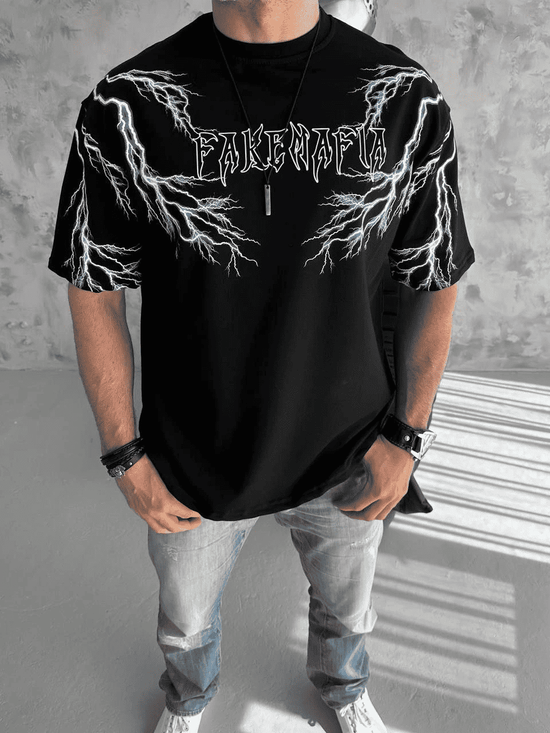Erkek Bisiklet Yaka Tişört Yıldırım Şimşek Baskılı Kısa Kol T-Shirt -Siyah