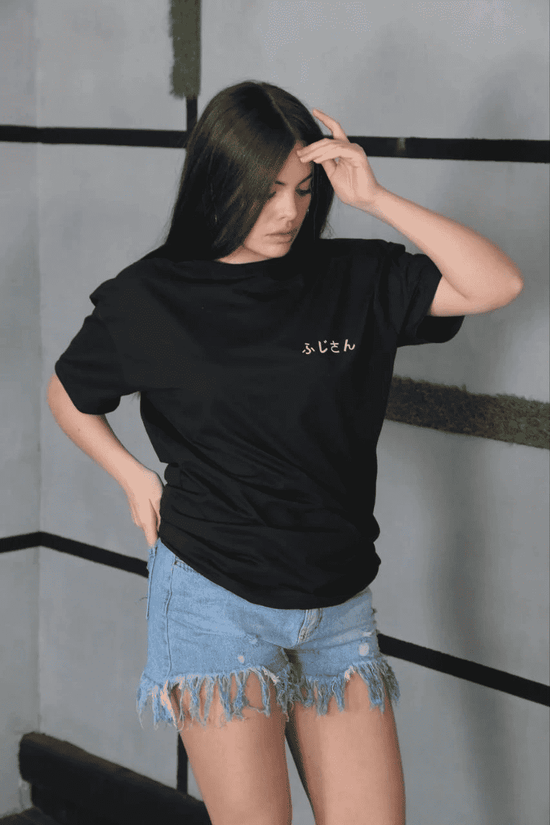 Kadın Bisiklet Yaka Baskılı Kısa kol Oversize T-Shirt - Siyah