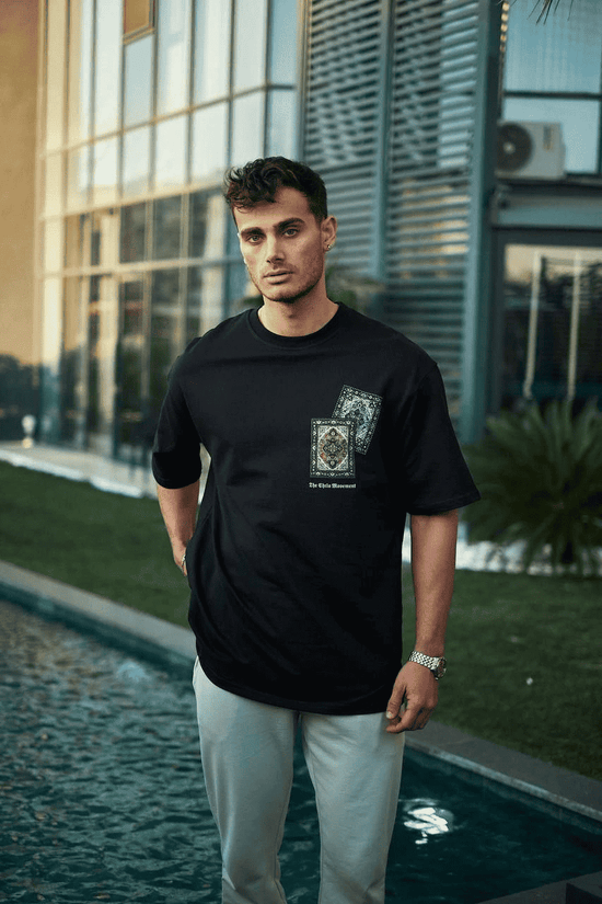 Erkek Kısa Kol Yazlık Tişört Bisiklet Yaka Baskılı Oversize T-Shirt - Siyah