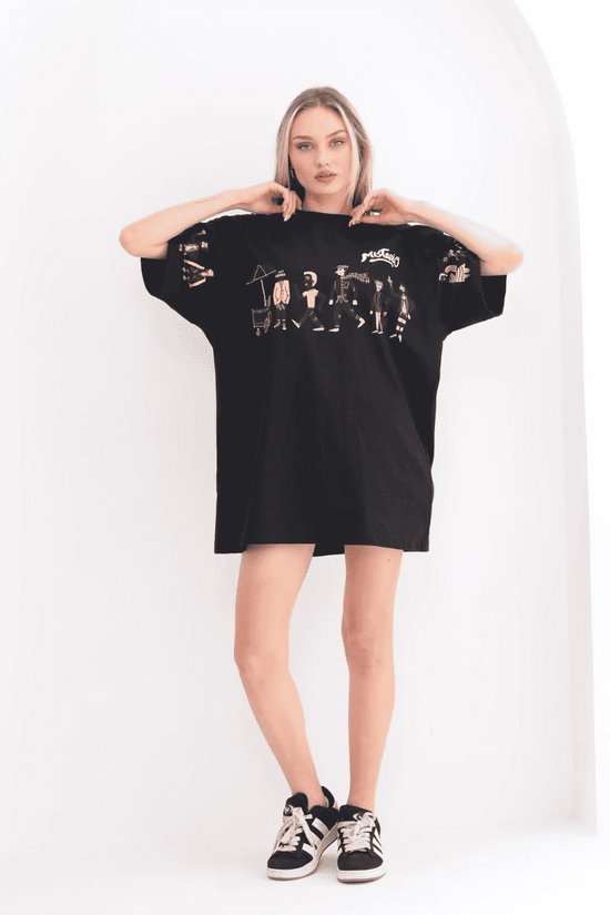 Kadın Kısa Kol Yazlık Tişört Bisiklet Yaka Baskılı Oversize T-Shirt - Siyah