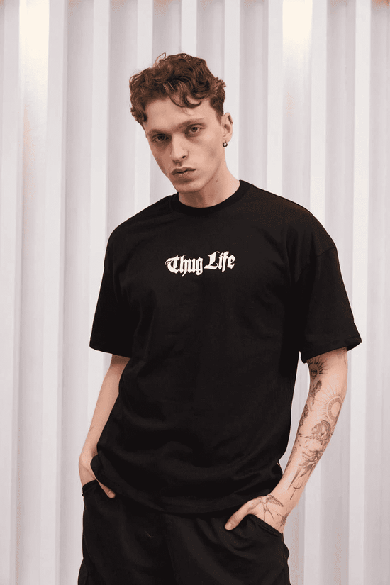 Erkek Bisiklet Yaka Baskılı  Kısa kol Oversize T-Shirt - Siyah