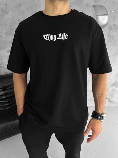 Erkek Kısa Kol Yazlık Tişört Bisiklet Yaka Baskılı Oversize T-Shirt - Siyah
