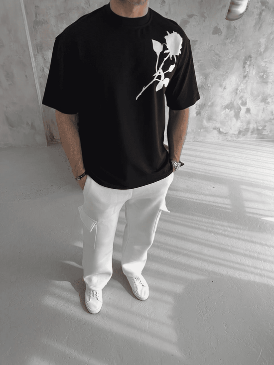 Erkek Kısa Kol Tişört Bisiklet Yaka GÜL Baskılı Oversize T-Shirt - Siyah