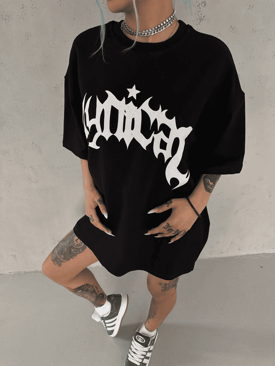 kadın Bisiklet Yaka Baskılı Oversize Kısa kol  T-Shirt - Siyah