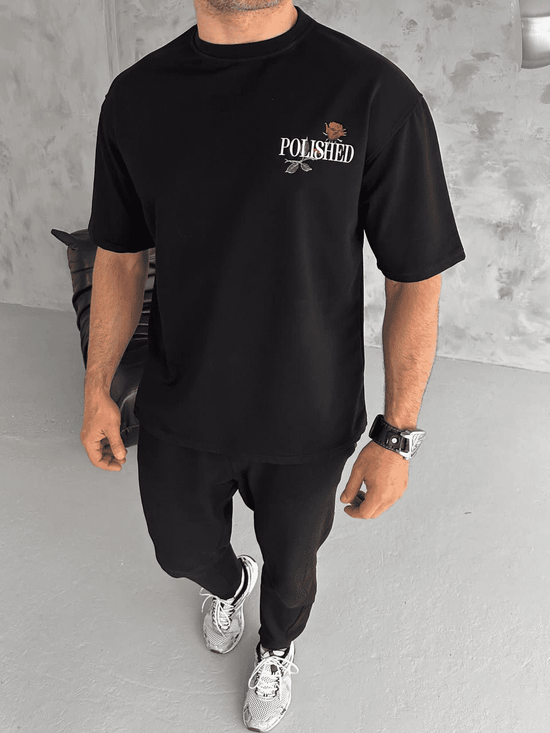 Erkek Kısa Kol Yazlık Tişört Bisiklet Yaka Baskılı Oversize T-Shirt - Siyah