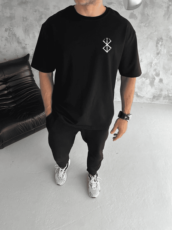 Erkek Kısa Kol Yazlık Tişört Bisiklet Yaka Baskılı Oversize T-Shirt - Siyah
