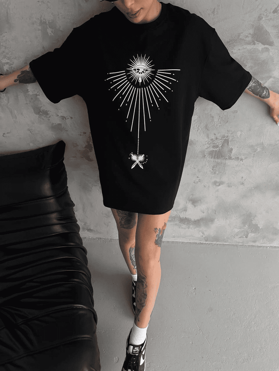 kadın Bisiklet Yaka Baskılı Oversize  Kısa kol T-Shirt - Siyah
