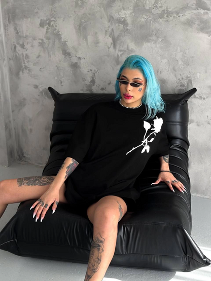kadın Bisiklet Yaka Baskılı Oversize  Kısa kol T-Shirt - Siyah