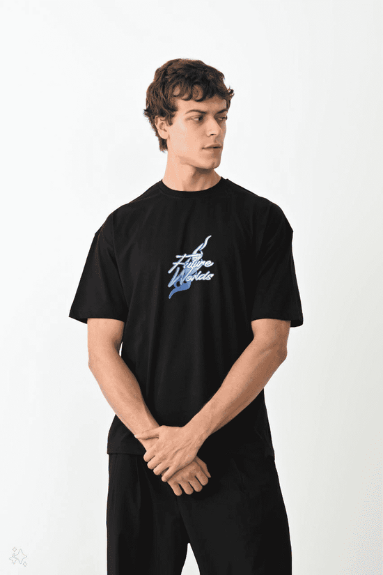 Erkek Kısa Kol Yazlık Tişört Bisiklet Yaka Baskılı Oversize T-Shirt - Siyah