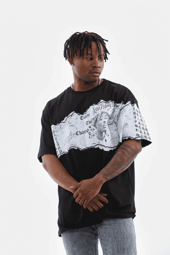 Erkek  Bisiklet Yaka Baskılı Oversize T-Shirt - Siyah