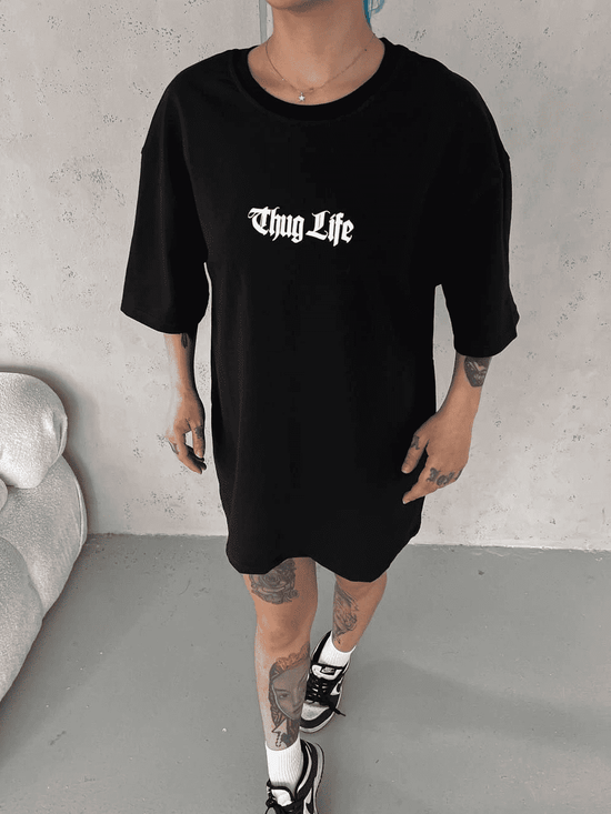 Kadın Kısa Kol Yazlık Tişört Bisiklet Yaka Baskılı Oversize T-Shirt -  Siyah