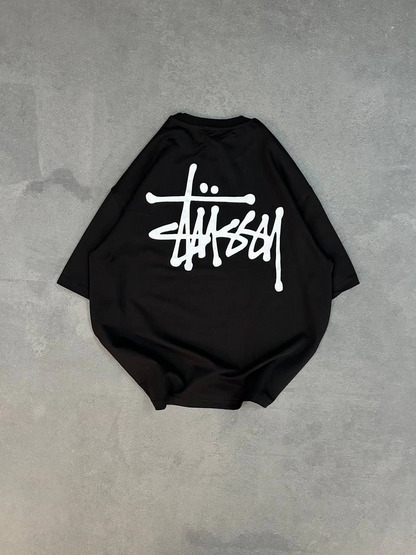 kadın Bisiklet Yaka Baskılı Oversize  Kısa kol T-Shirt - Siyah