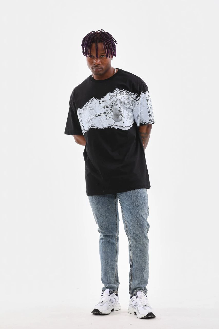 Erkek  Bisiklet Yaka Baskılı Oversize T-Shirt - Siyah