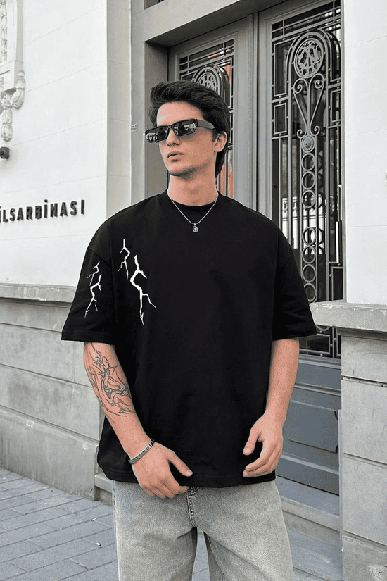 Erkek Kısa Kol Tişört Bisiklet Yaka Yıldırım Baskılı Oversize T-Shirt - Siyah