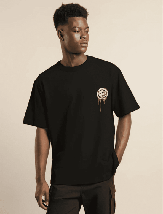 Erkek Kısa Kol Yazlık Tişört Bisiklet Yaka Baskılı Oversize T-Shirt - Siyah