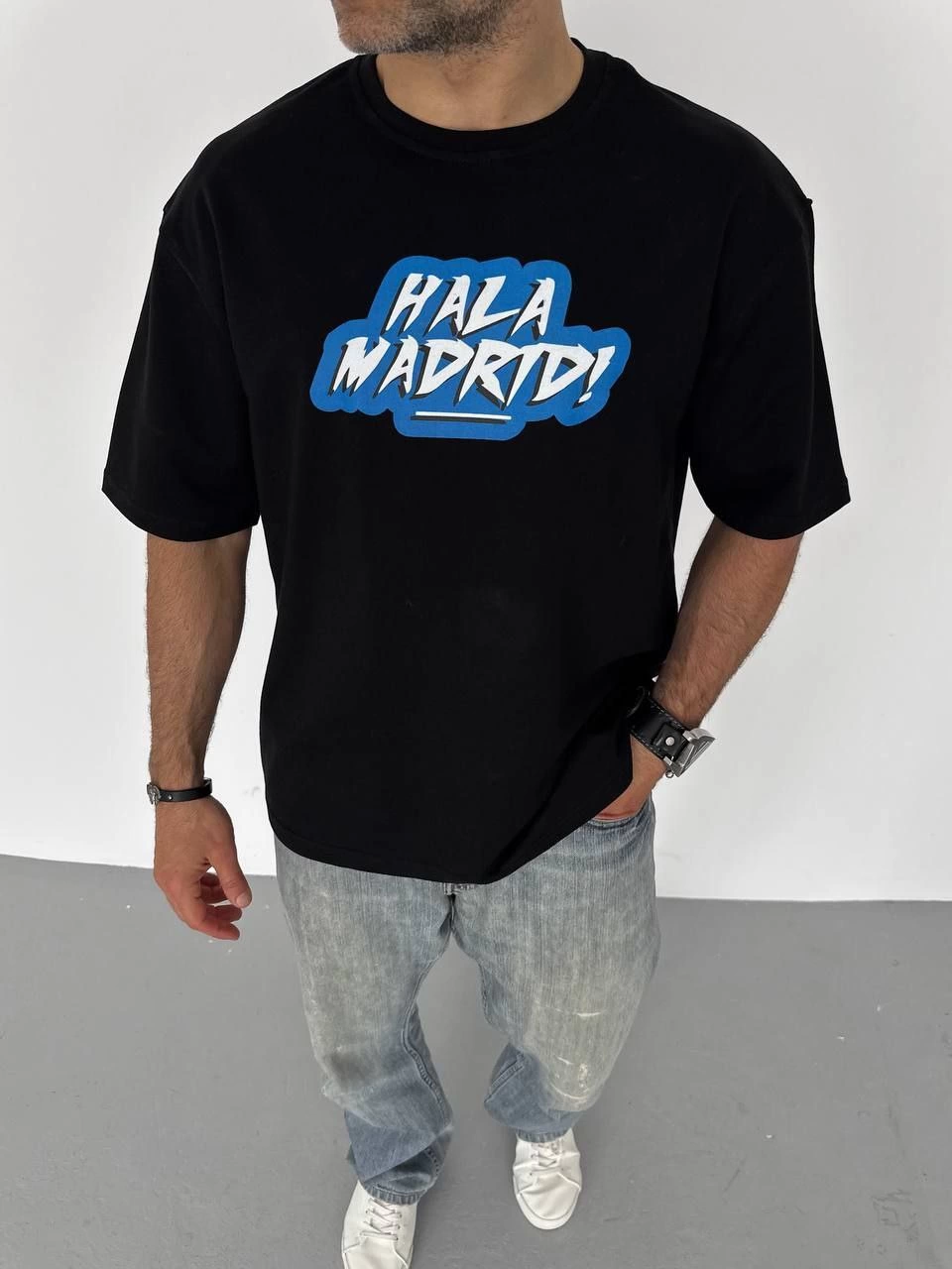 ERKEK Tişört Bisiklet Yaka Baskılı Oversize T-Shirt - Siyah