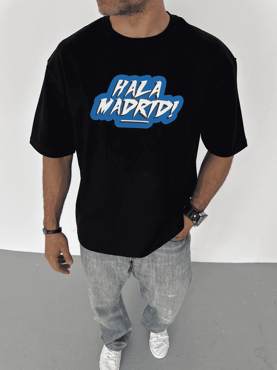 ERKEK Tişört Bisiklet Yaka Baskılı Oversize T-Shirt - Siyah