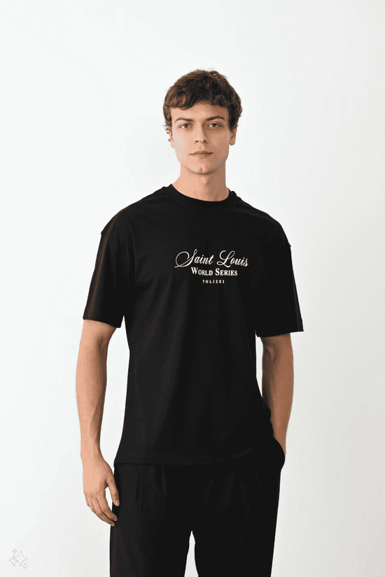 Erkek Kısa Kol Yazlık Tişört Bisiklet Yaka Baskılı Oversize T-Shirt - Siyah