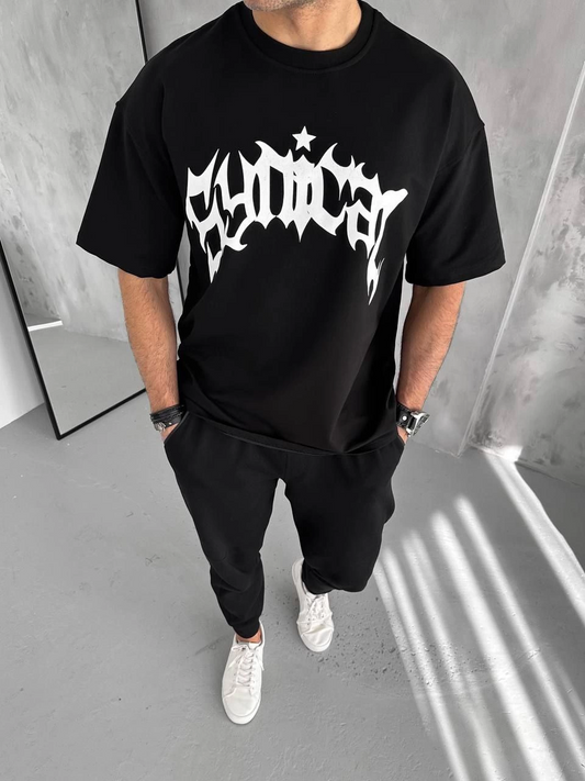Erkek Tişört Bisiklet Yaka Baskılı Oversize Kısa kol T-Shirt - Siyah