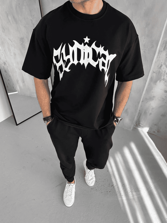Erkek Tişört Bisiklet Yaka Baskılı Oversize Kısa kol T-Shirt - Siyah