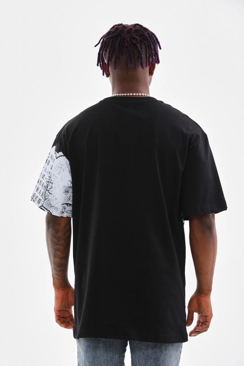Erkek  Bisiklet Yaka Baskılı Oversize T-Shirt - Siyah