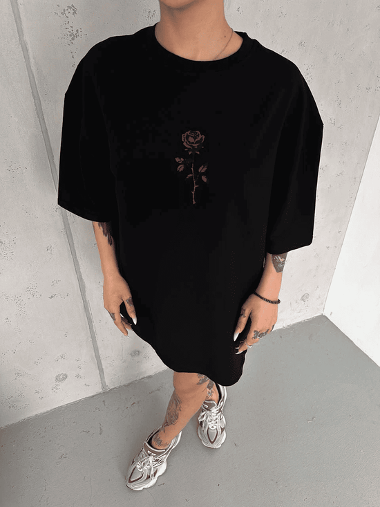 kadın Bisiklet Yaka Baskılı Oversize  Kısa kol T-Shirt - Siyah