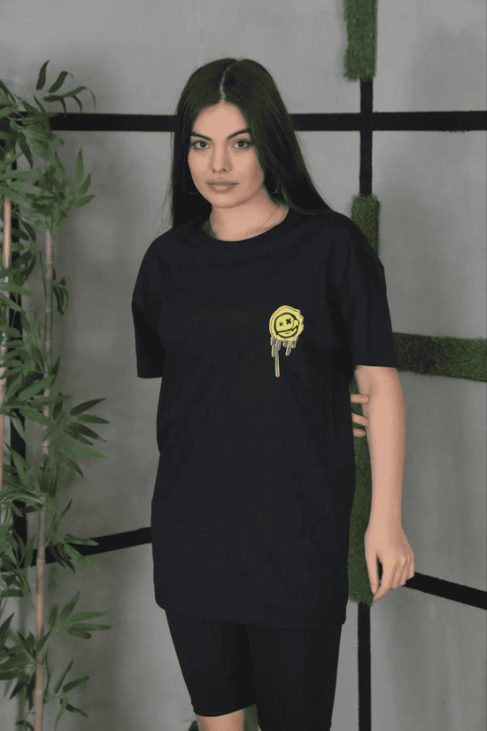 Kadın Bisiklet Yaka Baskılı  Kısa kol Oversize T-Shirt - Siyah