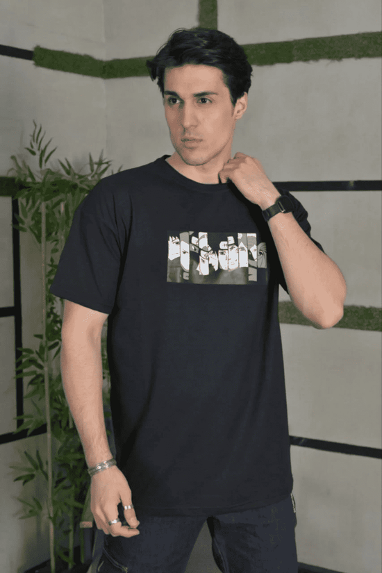 Erkek Kısa Kol Yazlık Tişört Bisiklet Yaka Baskılı Oversize T-Shirt - Siyah
