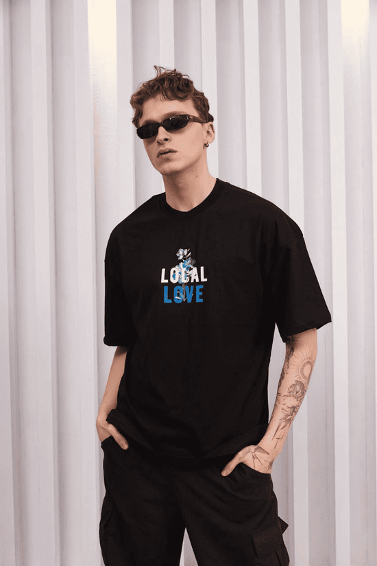 ERKEK Bisiklet Yaka Baskılı Oversize Kısa kol T-Shirt - Siyah