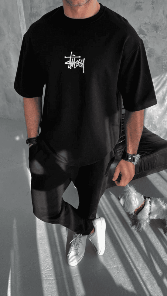 Erkek Kısa Kol Yazlık Tişört Bisiklet Yaka Baskılı Oversize T-Shirt - Siyah