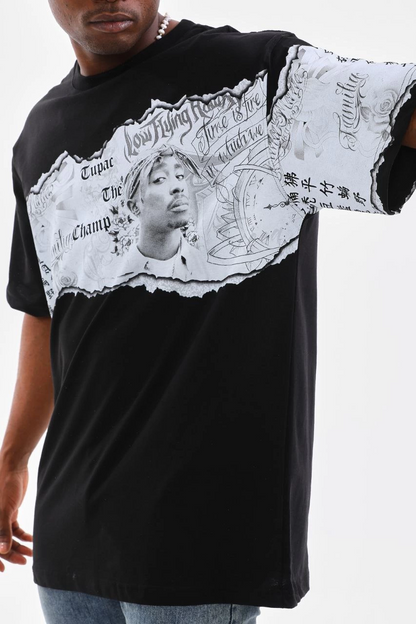 Erkek  Bisiklet Yaka Baskılı Oversize T-Shirt - Siyah