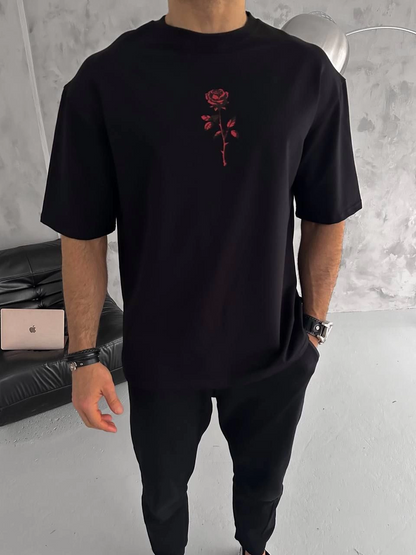 Erkek Bisiklet Yaka Baskılı Oversize  Kısa kol T-Shirt - Siyah